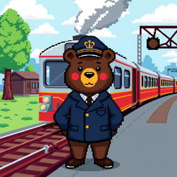 A pixel art scene featuring a bear as a train conductor in a vintage passenger train