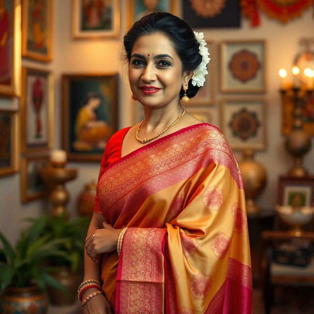 A mature Indian woman elegantly draped in a traditional saree, showcasing intricate patterns and vibrant colors