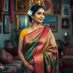 A mature Indian woman elegantly draped in a traditional saree, showcasing intricate patterns and vibrant colors