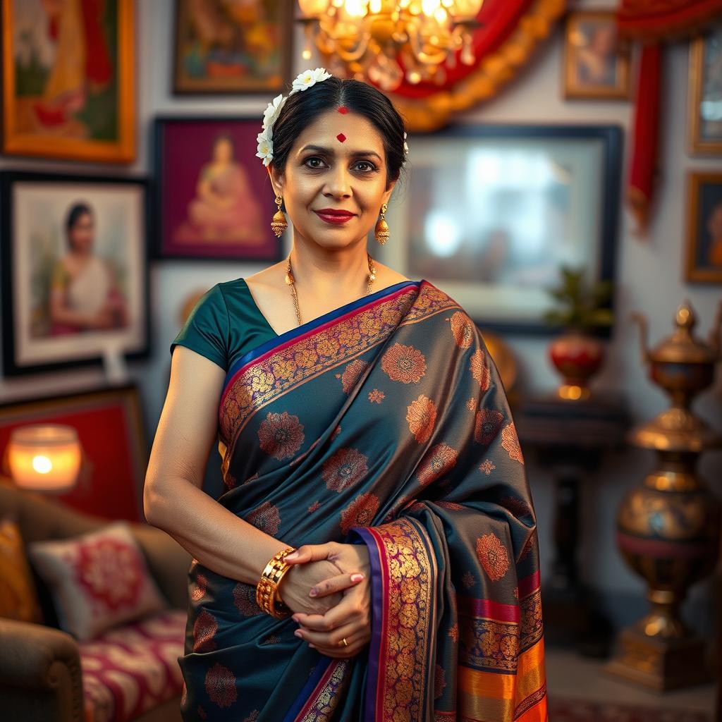 A mature Indian woman elegantly draped in a traditional saree, showcasing intricate patterns and vibrant colors