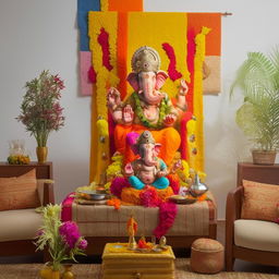 A serene living room with a Ganpati theme, featuring a statue of Lord Ganesh prominently displayed, along with relevant symbolism, vibrant festive colors, and traditional Indian decorative items.