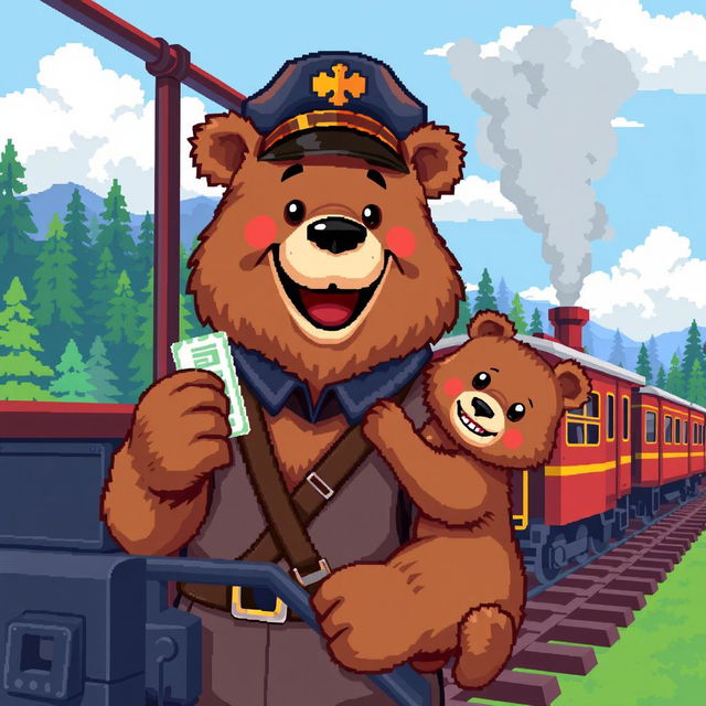 A pixel art scene depicting a bear and a bear cub as friendly conductors of a passenger train