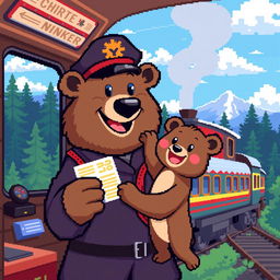 A pixel art scene depicting a bear and a bear cub as friendly conductors of a passenger train