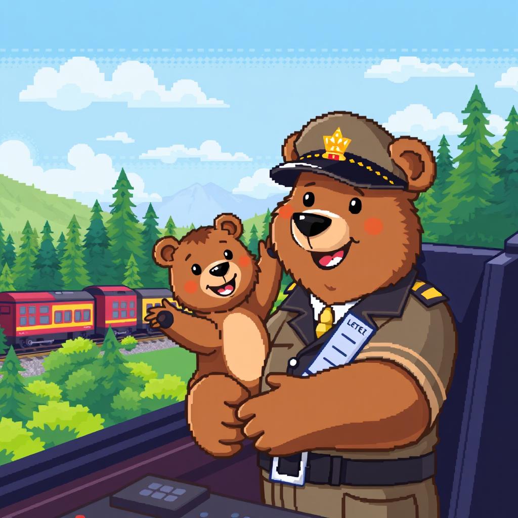 A pixel art scene depicting a bear and a bear cub as friendly conductors of a passenger train