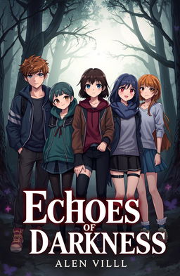 A captivating novel cover for 'Echoes of Darkness' featuring five diverse school teenagers