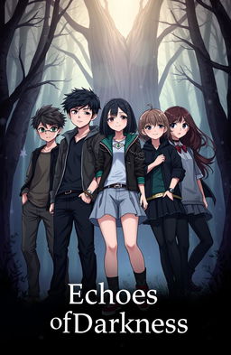 A captivating novel cover for 'Echoes of Darkness' featuring five diverse school teenagers
