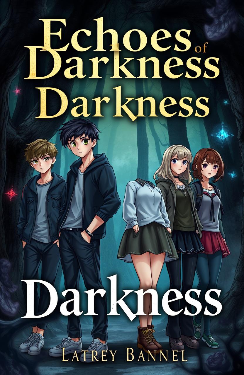 A captivating novel cover for 'Echoes of Darkness' featuring five diverse school teenagers