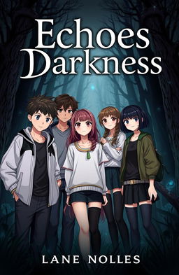 A captivating novel cover for 'Echoes of Darkness' featuring five diverse school teenagers