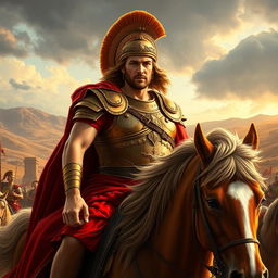 A powerful and heroic depiction of Alexander the Great, showcasing him wearing majestic armor detailed with golden embellishments