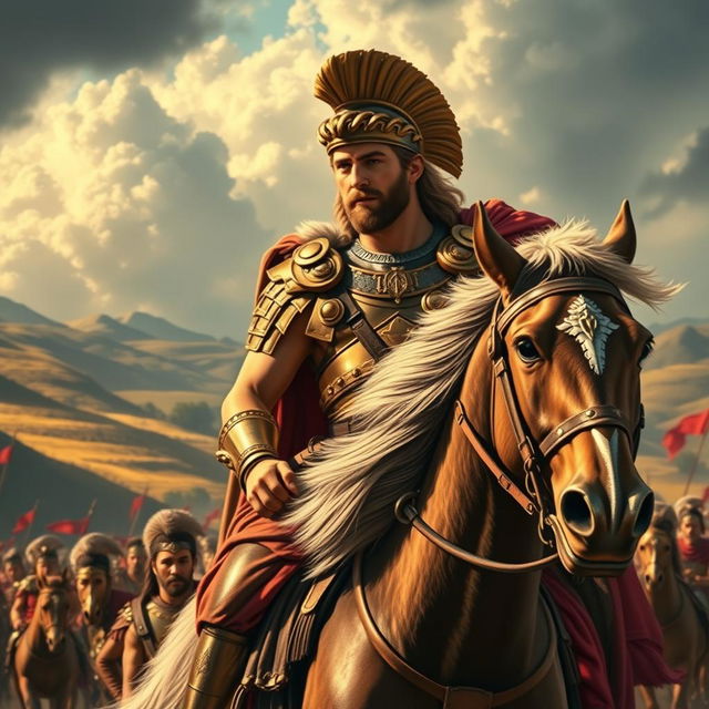 A powerful and heroic depiction of Alexander the Great, showcasing him wearing majestic armor detailed with golden embellishments