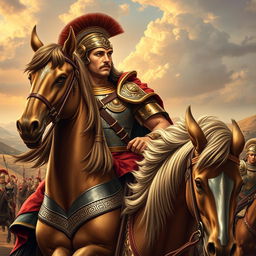 A powerful and heroic depiction of Alexander the Great, showcasing him wearing majestic armor detailed with golden embellishments
