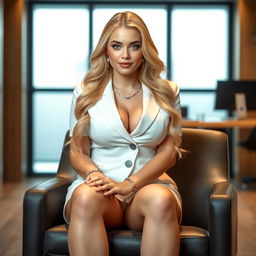 A beautiful, sweet, and innocent-looking young woman with a curvy figure, long blonde hair, and bright light blue eyes, seated elegantly on a chair in a stylish office setting