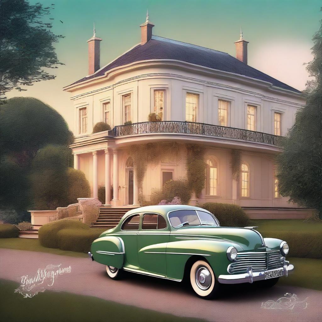 A digital art of a postcard with a magical evening scene featuring a vintage car parked in front of a grand house