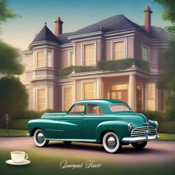 A digital art of a postcard with a magical evening scene featuring a vintage car parked in front of a grand house