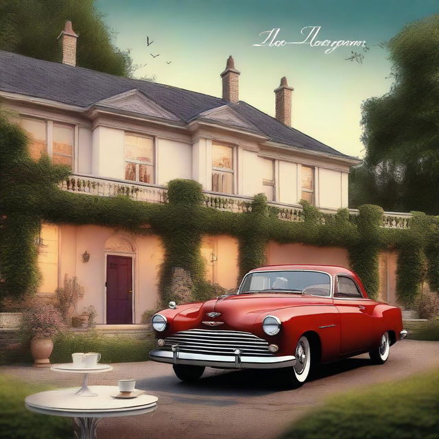 A digital art of a postcard with a magical evening scene featuring a vintage car parked in front of a grand house