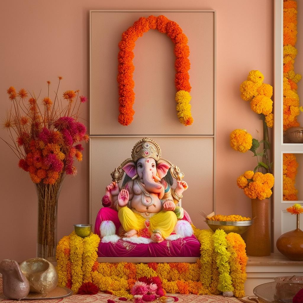 A serene living room with a Ganpati theme, featuring a statue of Lord Ganesh prominently displayed, along with relevant symbolism, vibrant festive colors, and traditional Indian decorative items.