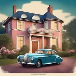 A digital art of a postcard with a magical evening scene featuring a vintage car parked in front of a grand house