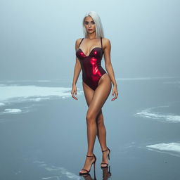 A 20-year-old woman with round plastic surgery breasts and sleek white hair, captured in a full body view