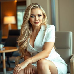 A beautiful, innocent, and sweet young woman with a curvy figure, long blonde hair, and bright light blue eyes, seated elegantly on a chair in a stylish office setting