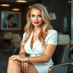 A beautiful, innocent, and sweet young woman with a curvy figure, long blonde hair, and bright light blue eyes, seated gracefully on a chair in a stylish office setting