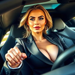 A professional woman in a sharply tailored suit with large breasts, confidently driving a luxurious Lamborghini