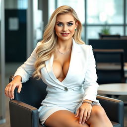 A beautiful, innocent, and sweet young woman with a curvy and voluptuous figure, long blonde hair, and bright light blue eyes, seated gracefully on a chair in a modern office atmosphere