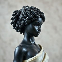 A beautifully sculpted marble statue of a black girl with long, curly coily afro hair, showcasing the delicate details of her features and hair texture