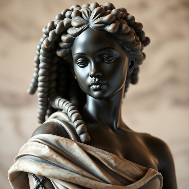 A beautifully sculpted marble statue of a black girl with long, curly coily afro hair, showcasing the delicate details of her features and hair texture