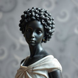 A beautifully sculpted marble statue of a black girl with long, curly coily afro hair, showcasing the delicate details of her features and hair texture