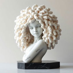 A captivating white marble statue of a black girl with long, curly coily afro hair, designed with exquisite attention to detail