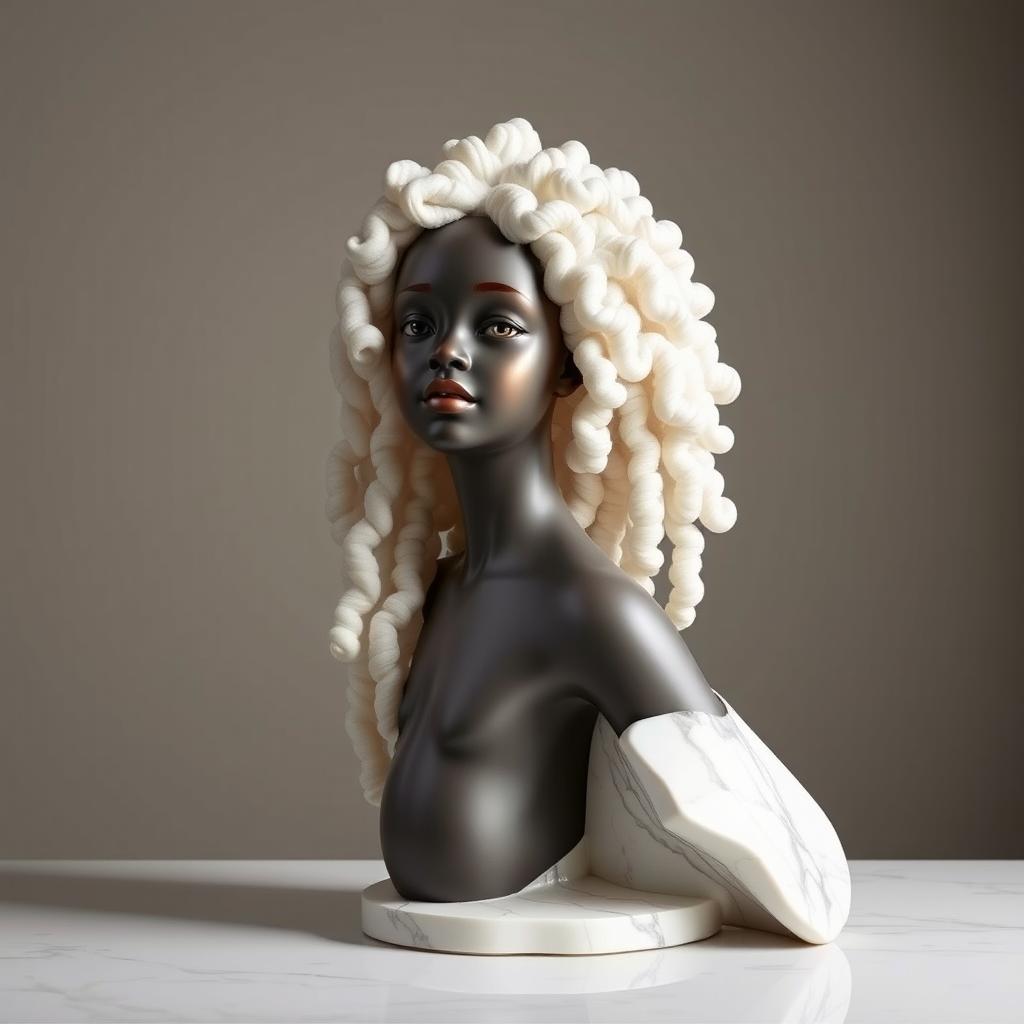 A captivating white marble statue of a black girl with long, curly coily afro hair, designed with exquisite attention to detail