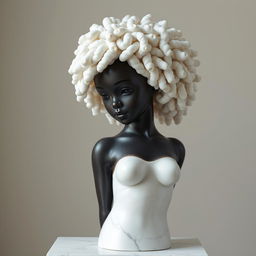 A captivating white marble statue of a black girl with long, curly coily afro hair, designed with exquisite attention to detail