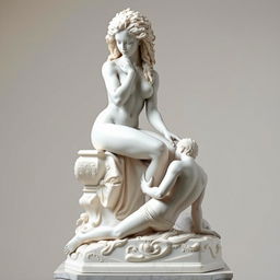 A stunning white marble statue of a naked African girl with long, curly coily afro hair, gracefully sitting on an ornate pedestal