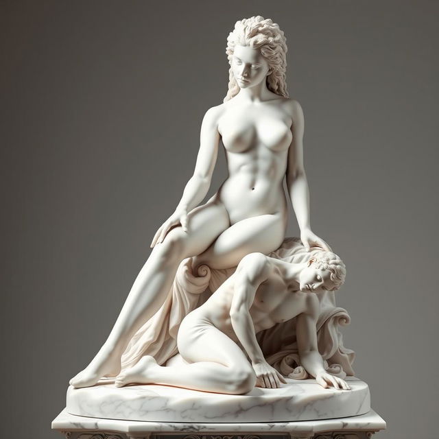 A stunning white marble statue of a naked African girl with long, curly coily afro hair, gracefully sitting on an ornate pedestal
