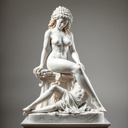 A stunning white marble statue of a naked African girl with long, curly coily afro hair, gracefully sitting on an ornate pedestal