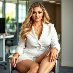 A beautiful, innocent, and sweet young woman with a curvy and voluptuous figure, long blonde hair, and bright light blue eyes, seated gracefully on a chair in a modern office environment