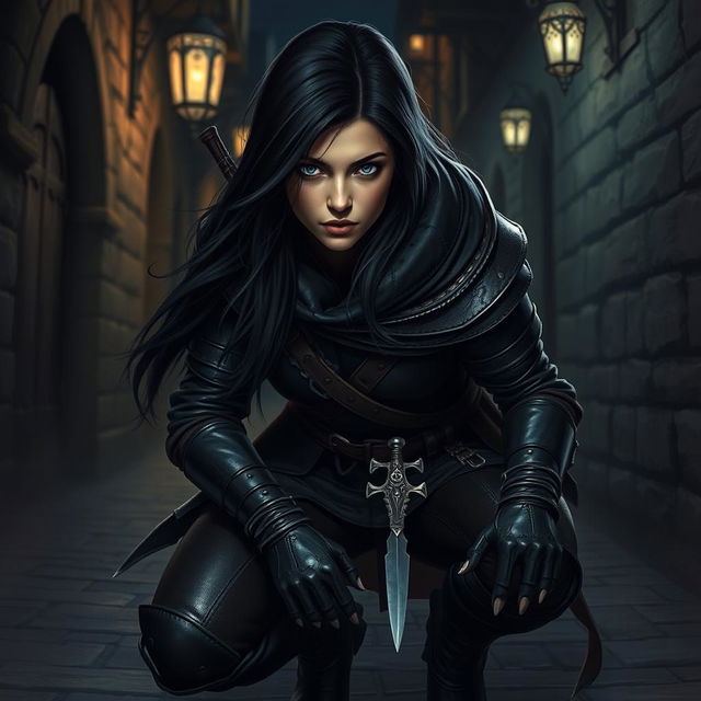 A female human rogue, clad in dark leather armor, crouched stealthily in a dimly lit alleyway