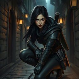 A female human rogue, clad in dark leather armor, crouched stealthily in a dimly lit alleyway