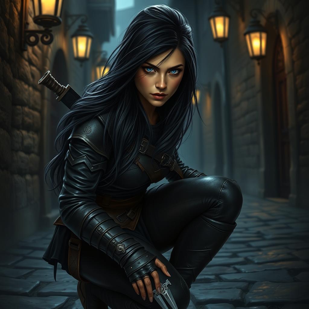 A female human rogue, clad in dark leather armor, crouched stealthily in a dimly lit alleyway