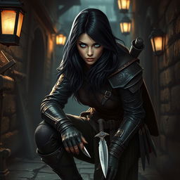 A female human rogue, clad in dark leather armor, crouched stealthily in a dimly lit alleyway