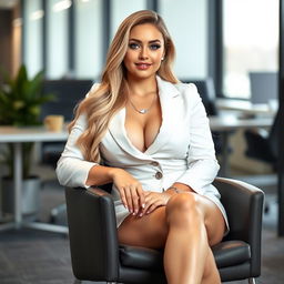 A sweet, innocent young woman with a curvy and voluptuous figure, long blonde hair, and radiant light blue eyes, seated gracefully on a chair in a contemporary office environment