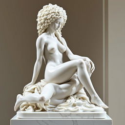 A beautifully crafted white marble statue depicting a naked African girl with long, curly, coily afro hair sitting gracefully on a pedestal