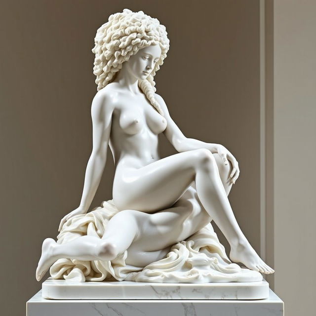 A beautifully crafted white marble statue depicting a naked African girl with long, curly, coily afro hair sitting gracefully on a pedestal