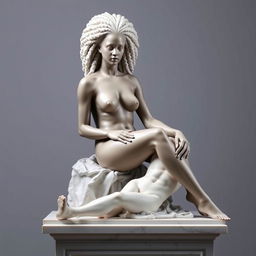 A beautifully crafted white marble statue depicting a naked African girl with long, curly, coily afro hair sitting gracefully on a pedestal