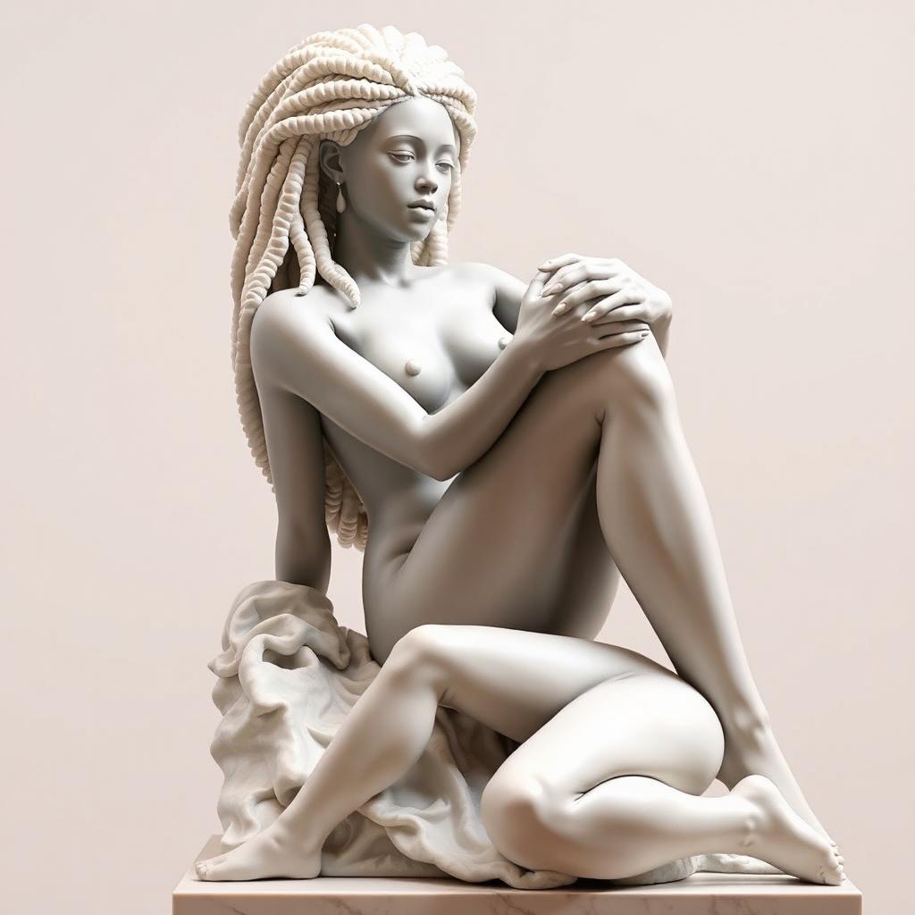 A beautifully crafted white marble statue depicting a naked African girl with long, curly, coily afro hair sitting gracefully on a pedestal