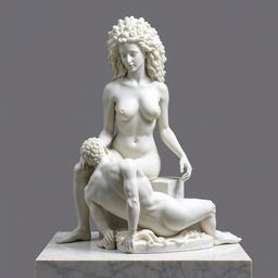 A beautifully crafted white marble statue depicting a naked African girl with long, curly, coily afro hair sitting gracefully on a pedestal