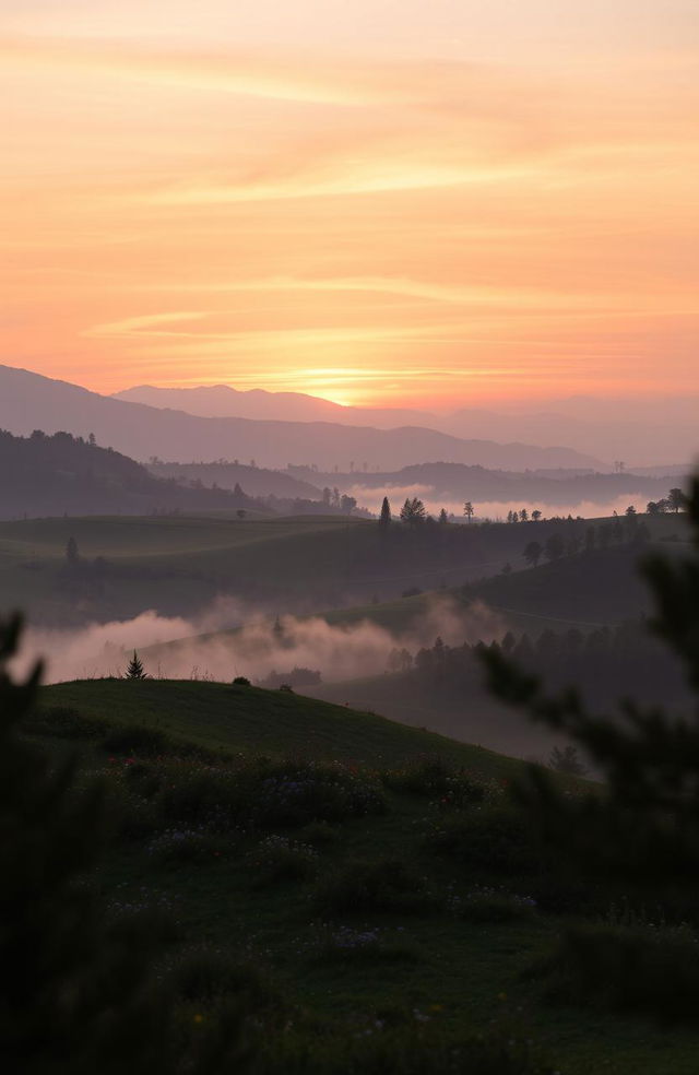 A breathtaking morning dawn scene in the hills, showcasing the beauty of nature