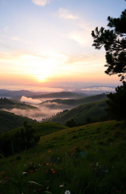 A breathtaking morning dawn scene in the hills, showcasing the beauty of nature