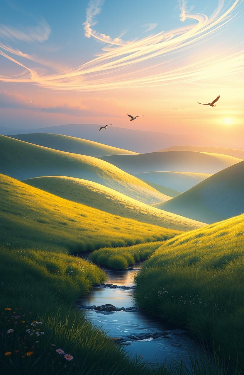 A stunning digital painting capturing a serene morning dawn in the hills, bathed in soft, warm light