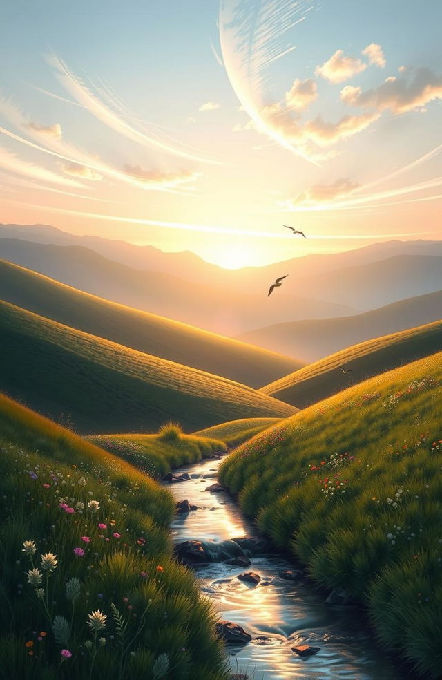 A stunning digital painting capturing a serene morning dawn in the hills, bathed in soft, warm light